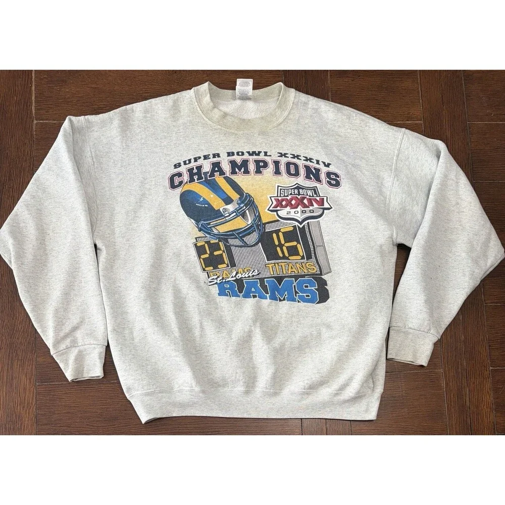 Vtg 2000 St. Louis Rams Super Bowl XXXIV Champions Crewneck Grunge Graphic 2XL
